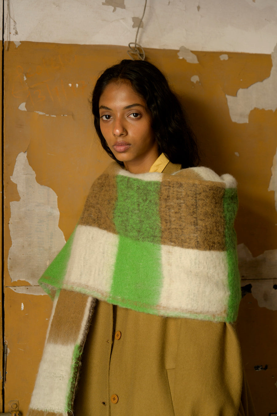 Nory Woolen Scarf in Green Brown Check
