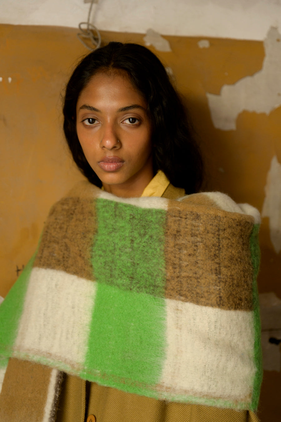 Nory Woolen Scarf in Green Brown Check
