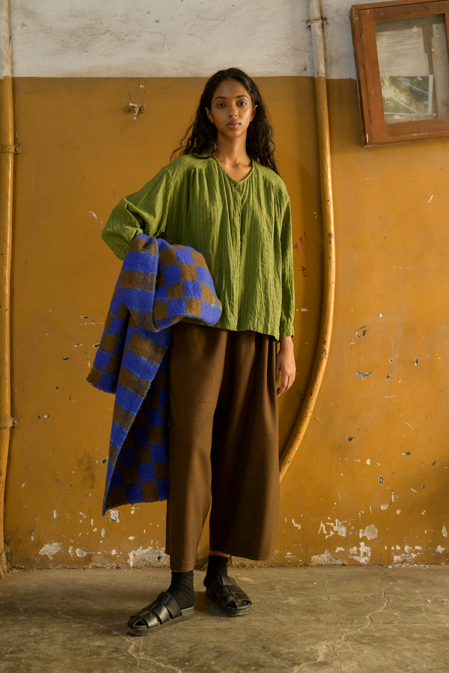 Nory Woolen Scarf in Brown Cobalt Check