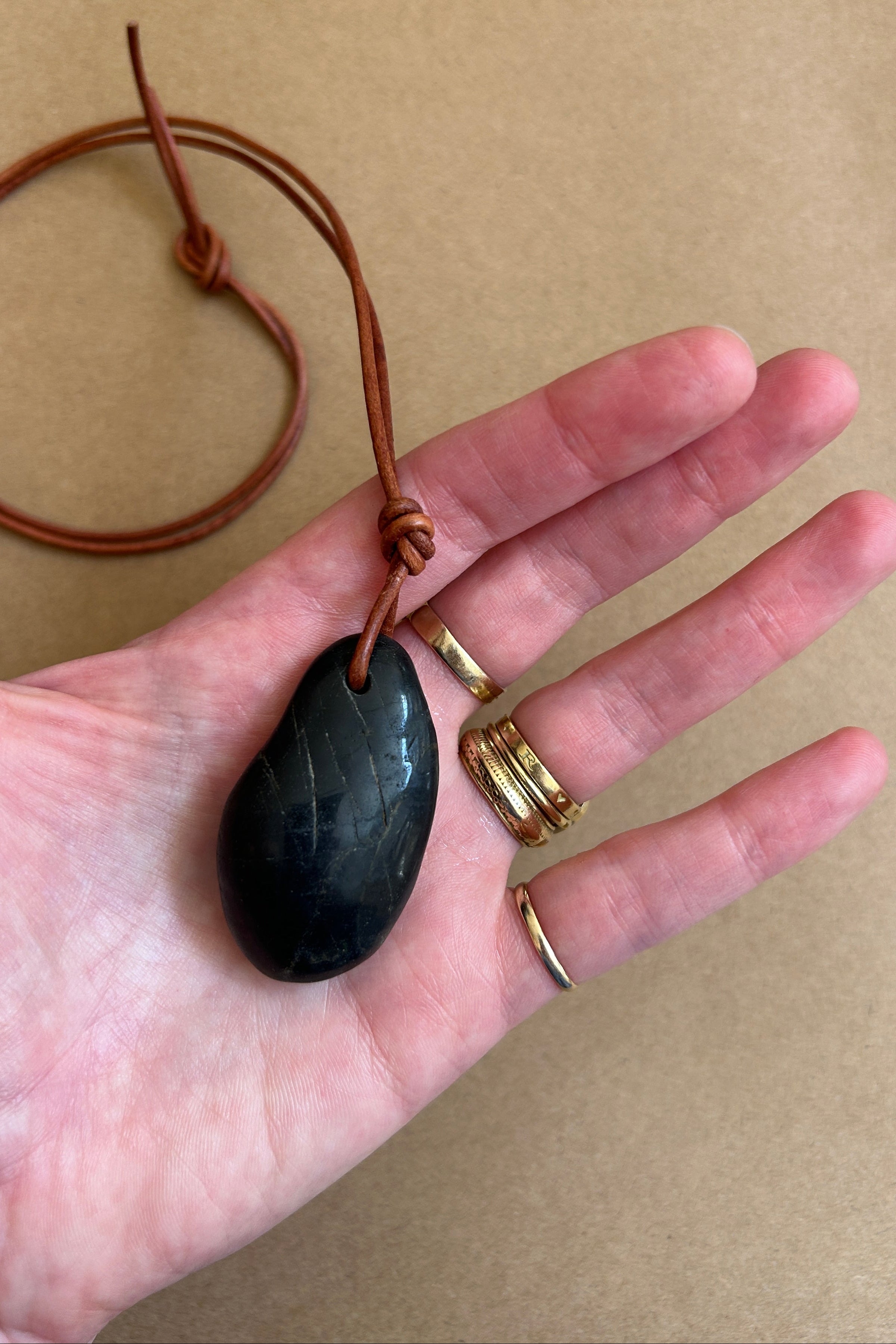 Black River Stone Necklace - Brown Cord