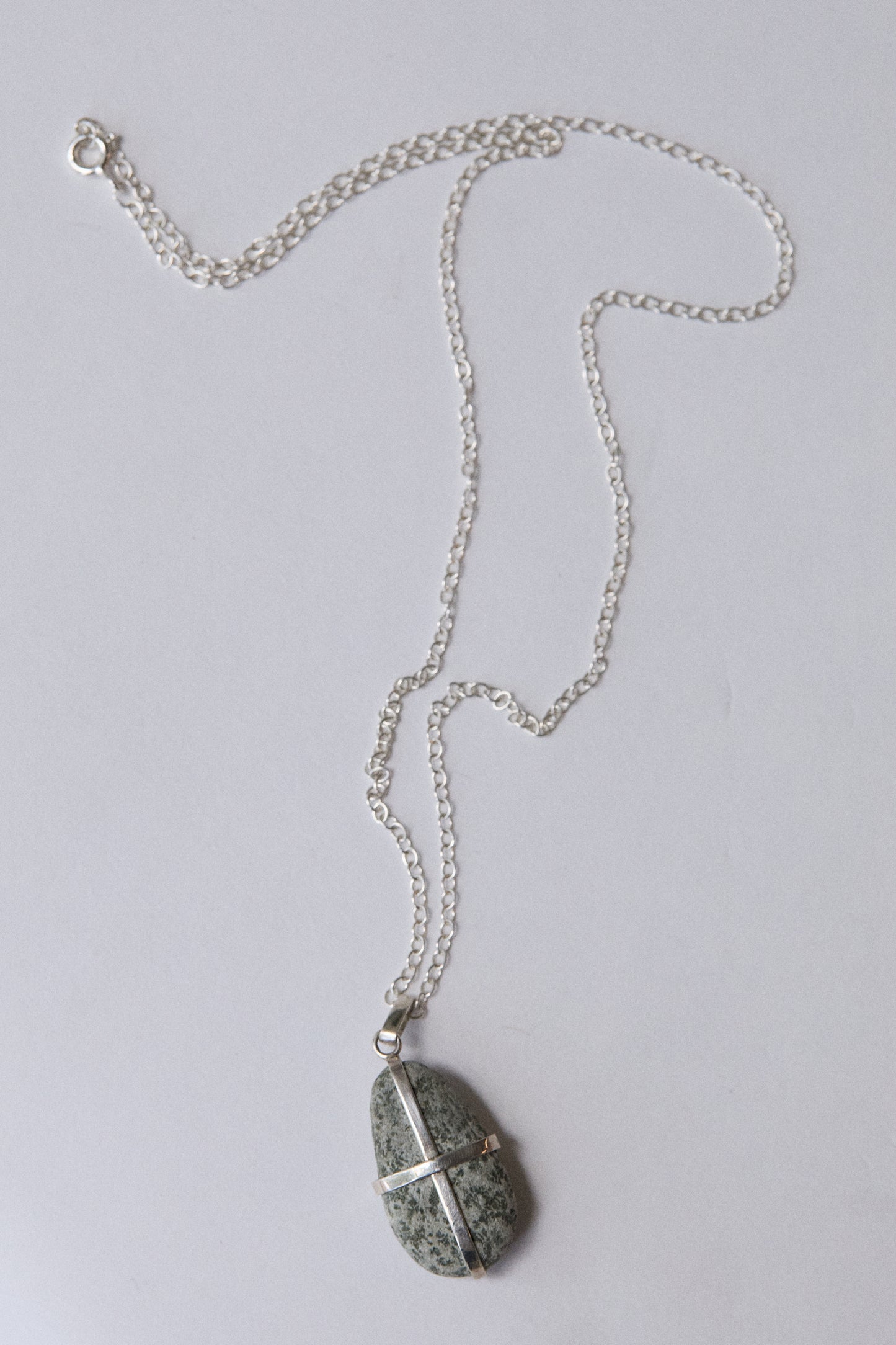 Grey Speckle Stone Pendant - Sterling Silver Ribbon