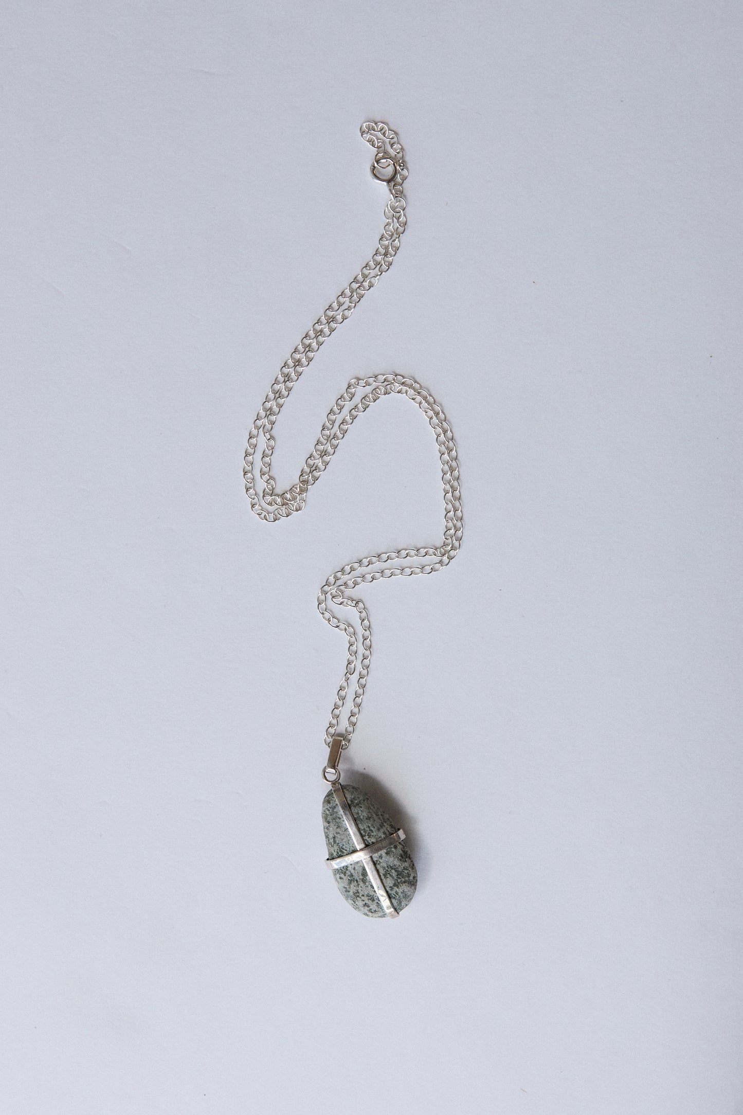 Grey Speckle Stone Pendant - Sterling Silver Ribbon