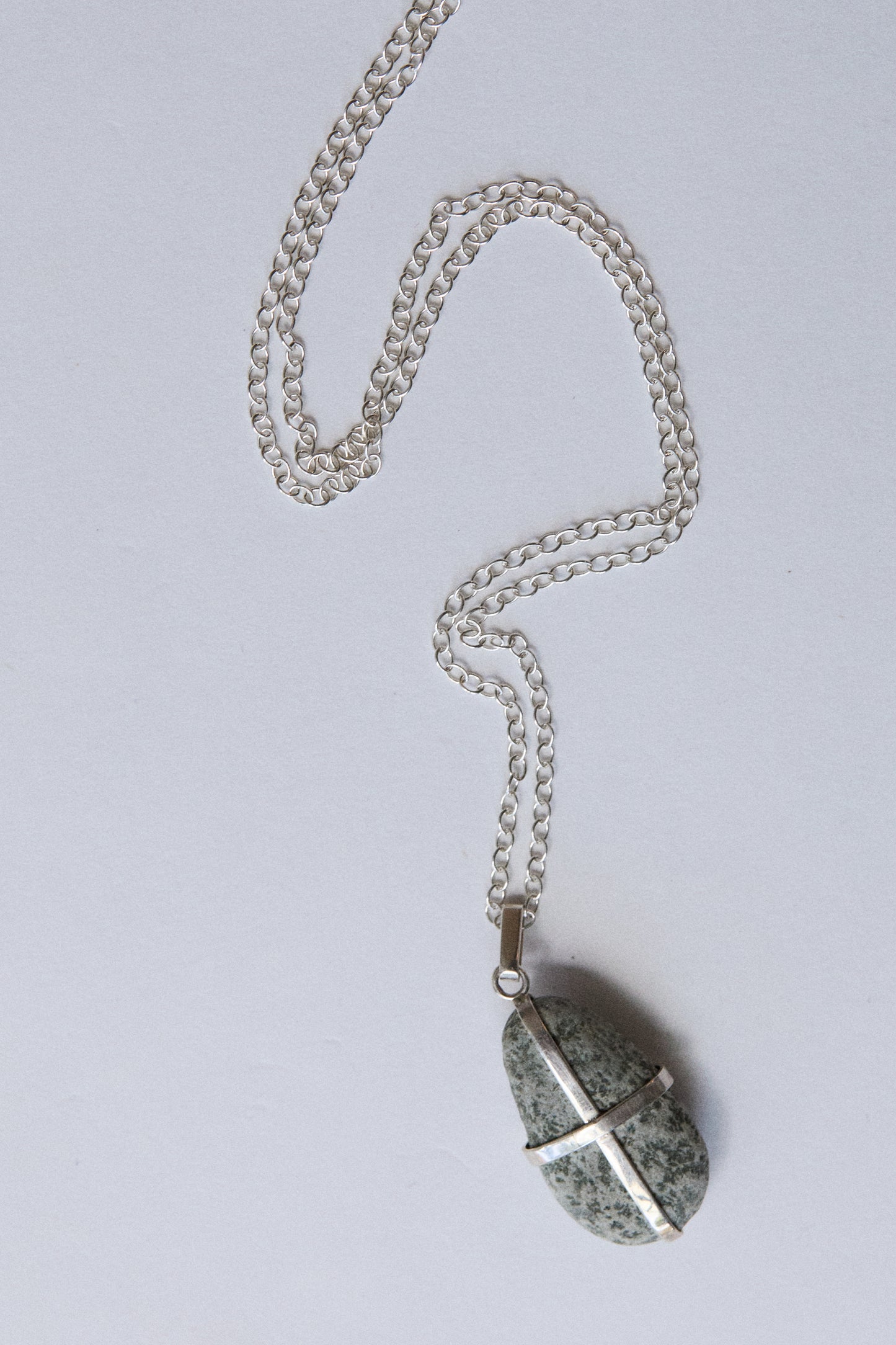 Grey Speckle Stone Pendant - Sterling Silver Ribbon