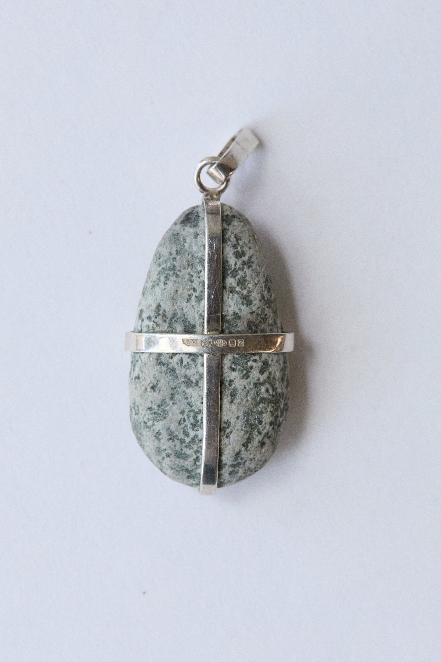 Grey Speckle Stone Pendant - Sterling Silver Ribbon
