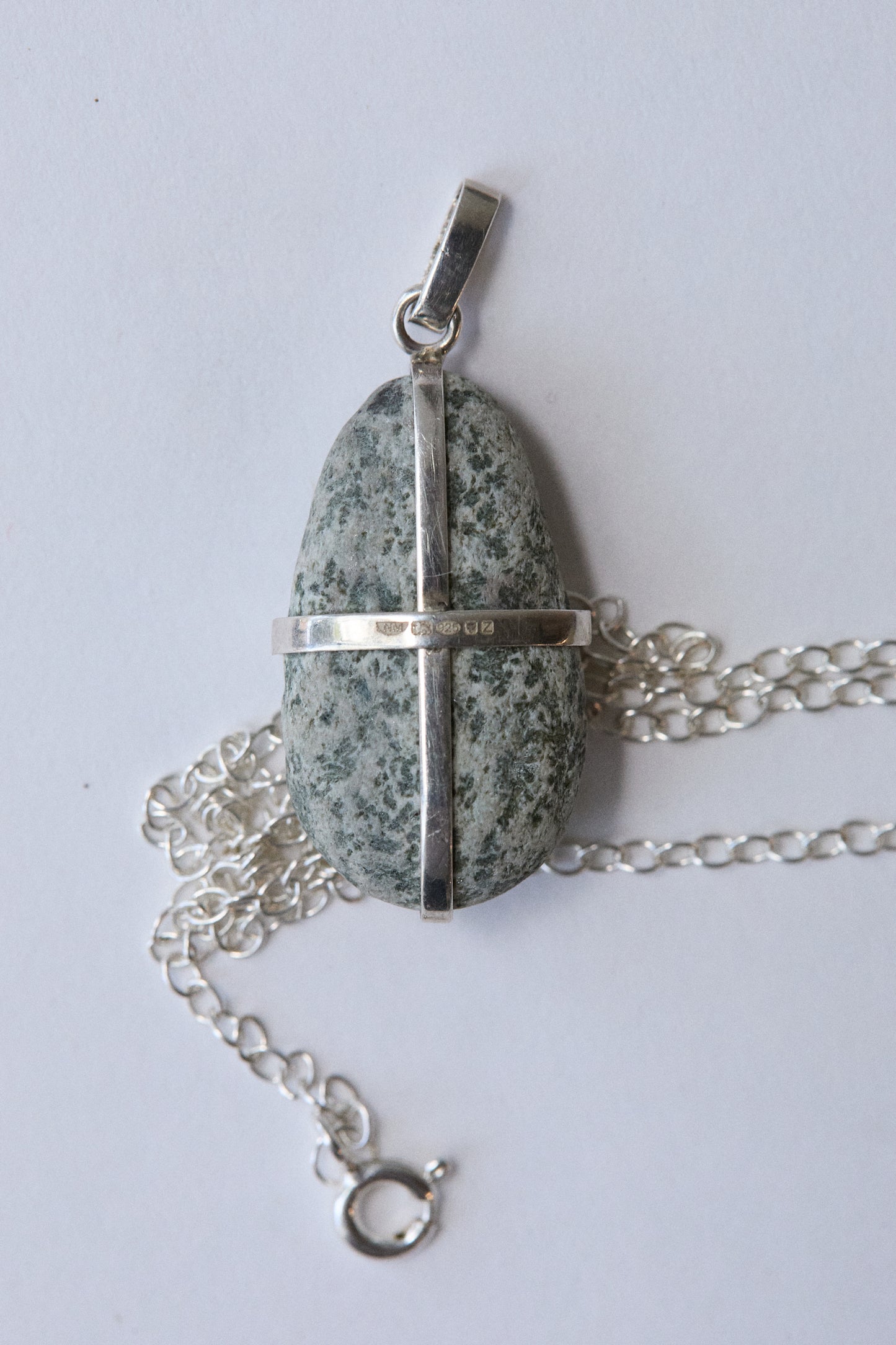 Grey Speckle Stone Pendant - Sterling Silver Ribbon