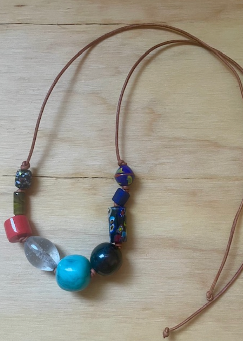 Multi-Beaded Necklace on 2mm Leather Cord - Turquoise