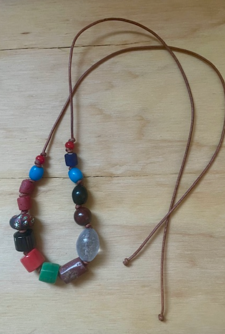 Multi-Beaded Necklace on 2mm Leather Cord - Red