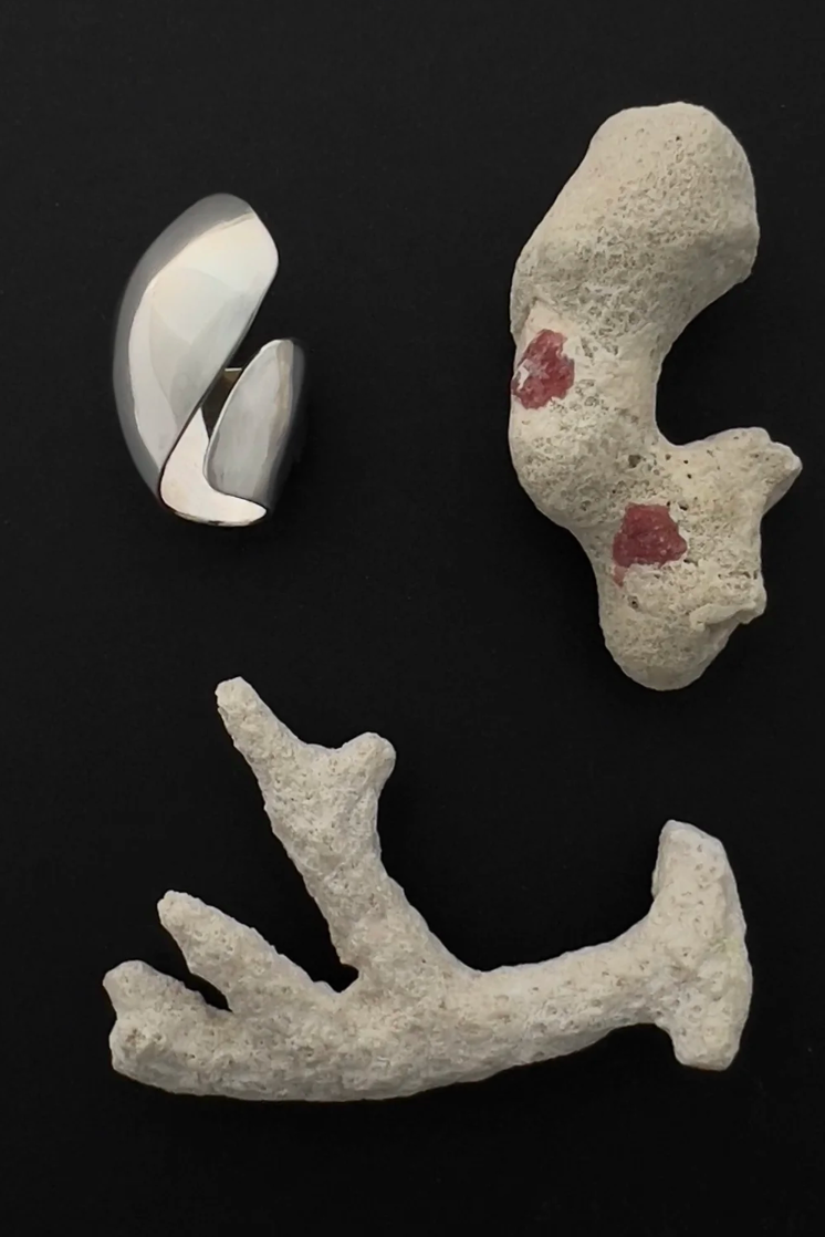 Three jewelry pieces displayed on a solid black background: a polished silver crescent-shaped earring, a textured off-white coral-like pendant with two small red inclusions, and a matching off-white coral branch-shaped pendant.