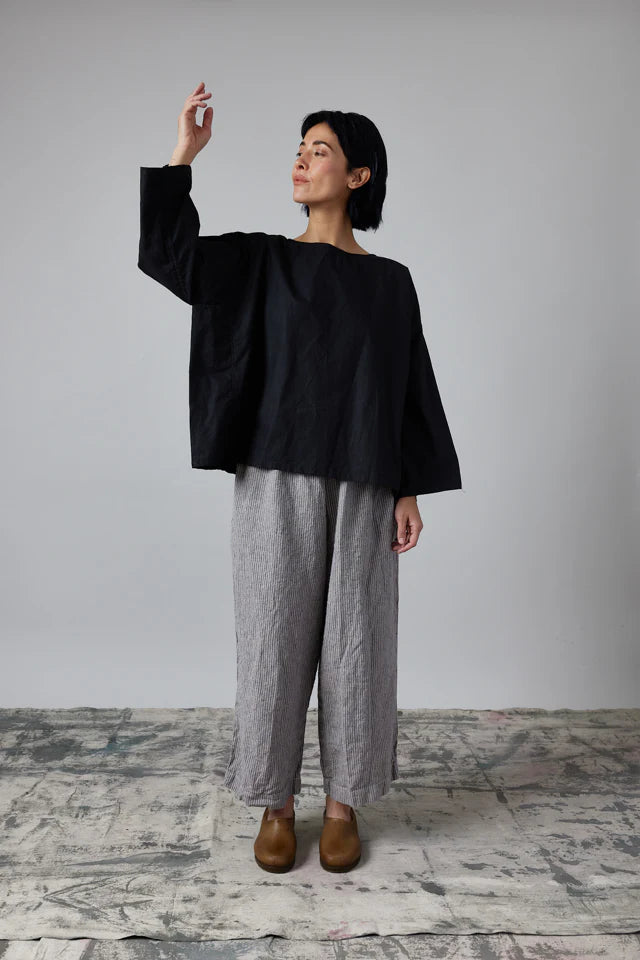 Silvie Round Neck Boxy Top - Cotton Poplin Black