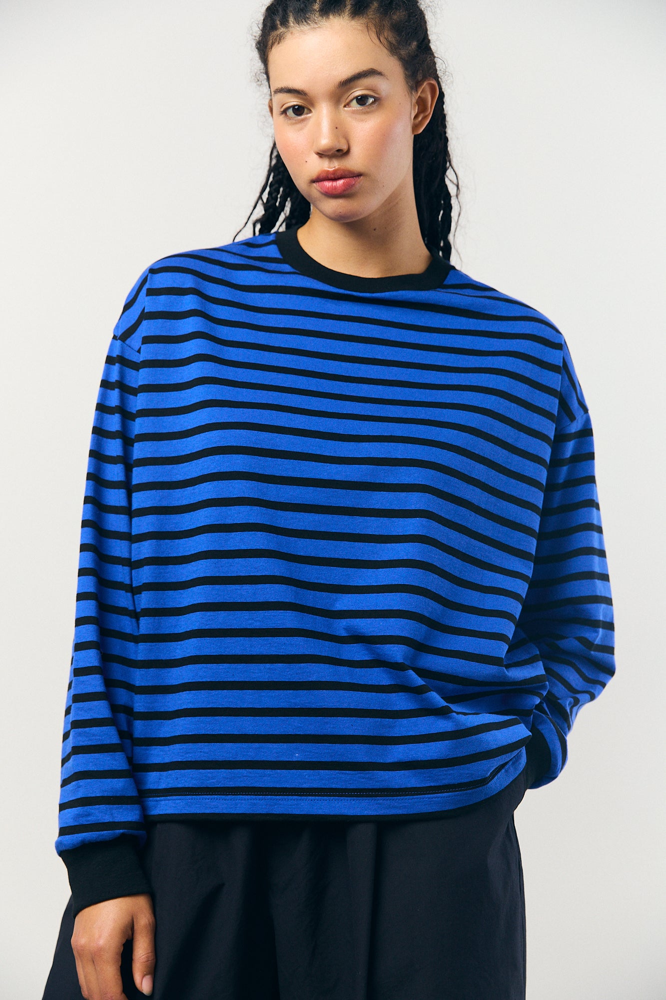 Cotton Border L/S Tee in Navy and Black