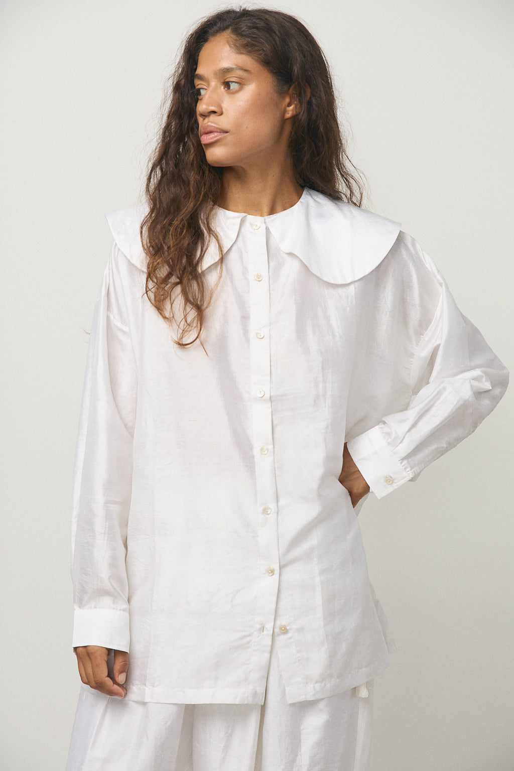 Round Collar Over Blouse in White