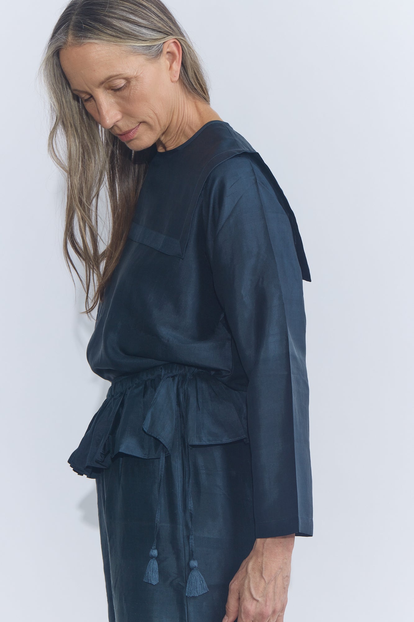 Back Button Sailor Blouse - Charcoal