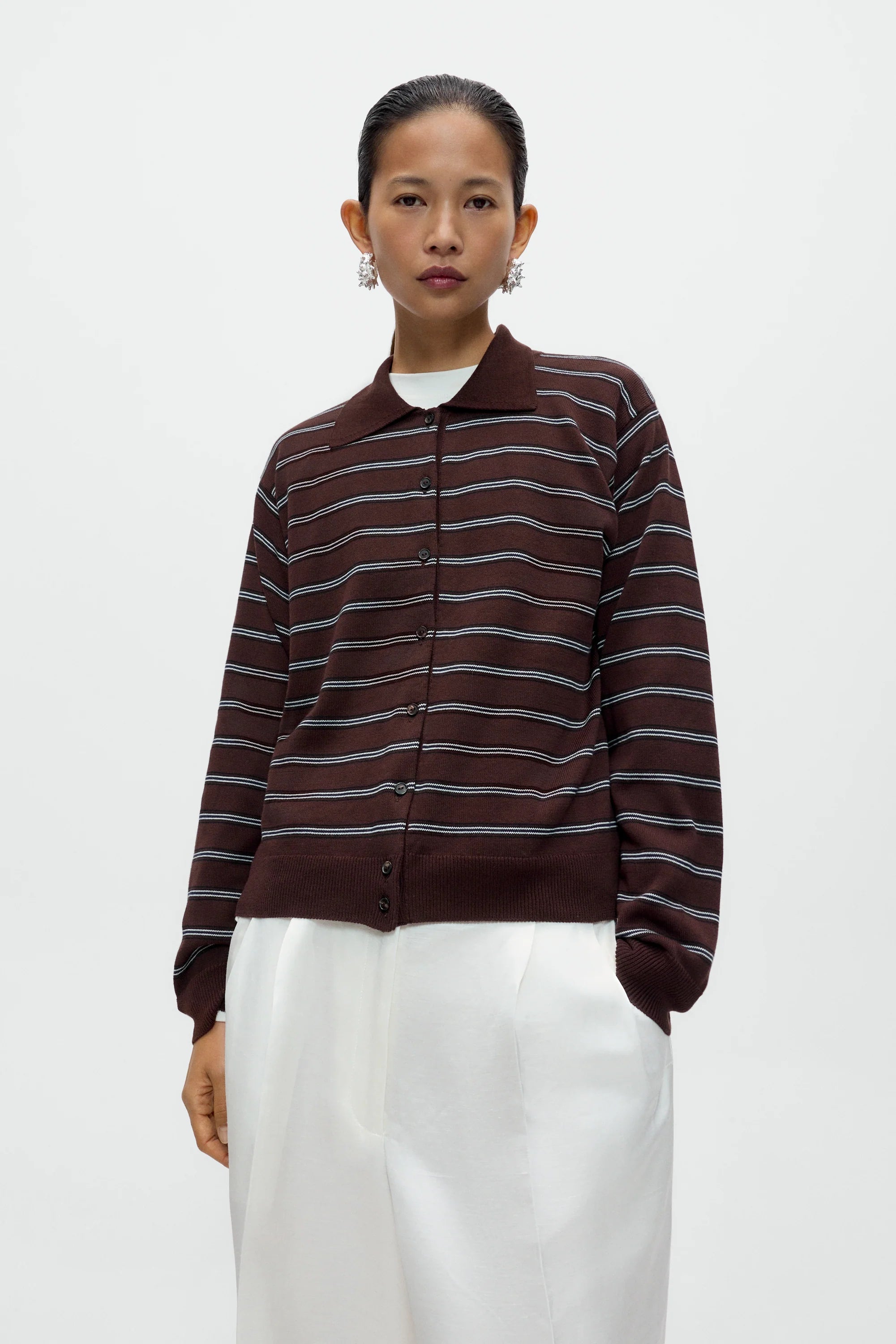 Organic Cotton Striped Polo Cardigan - Brown