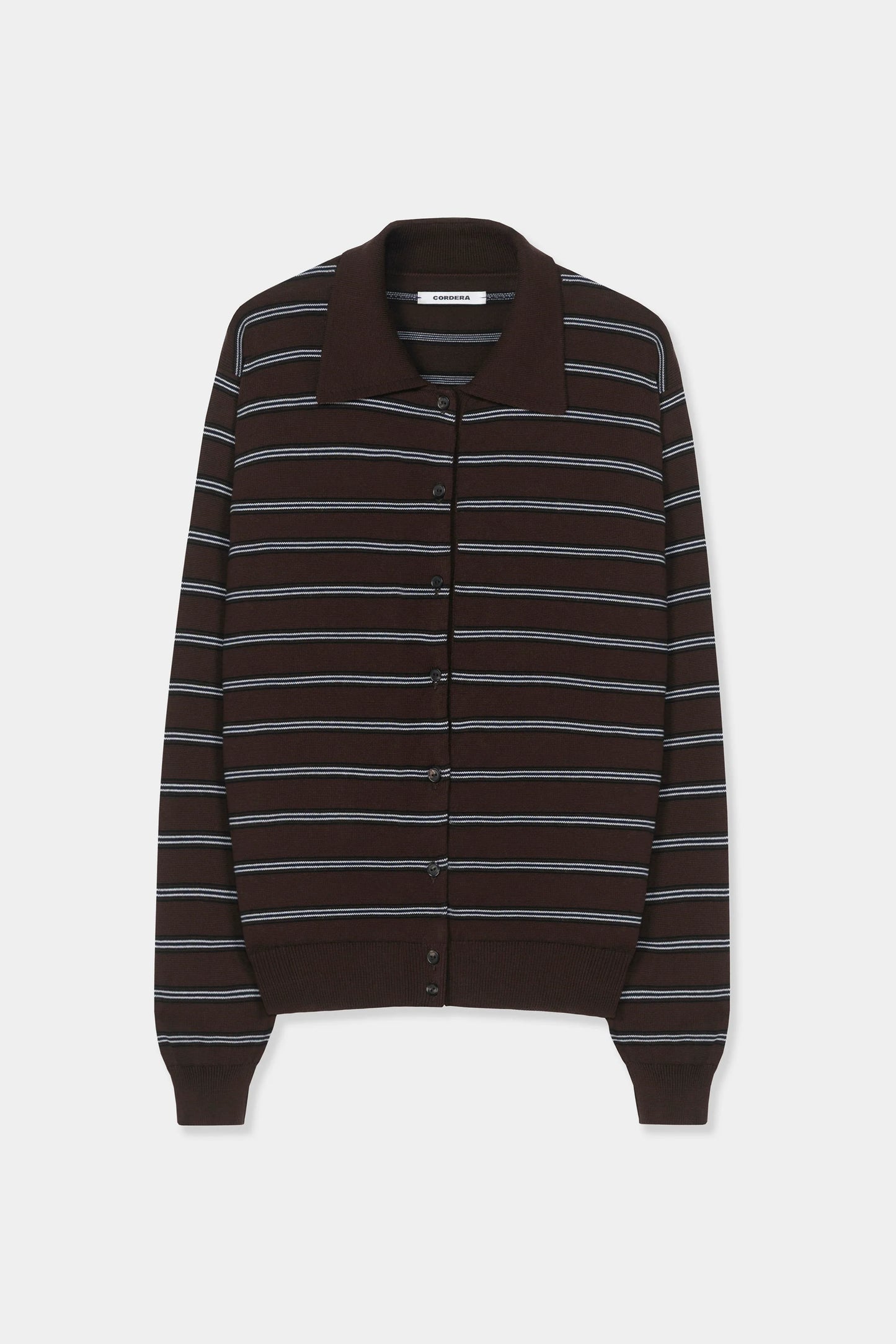 Organic Cotton Striped Polo Cardigan - Brown