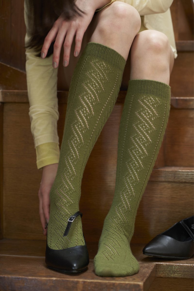 Eyelet Knee High Socks in Olive - Soochie - Babaco