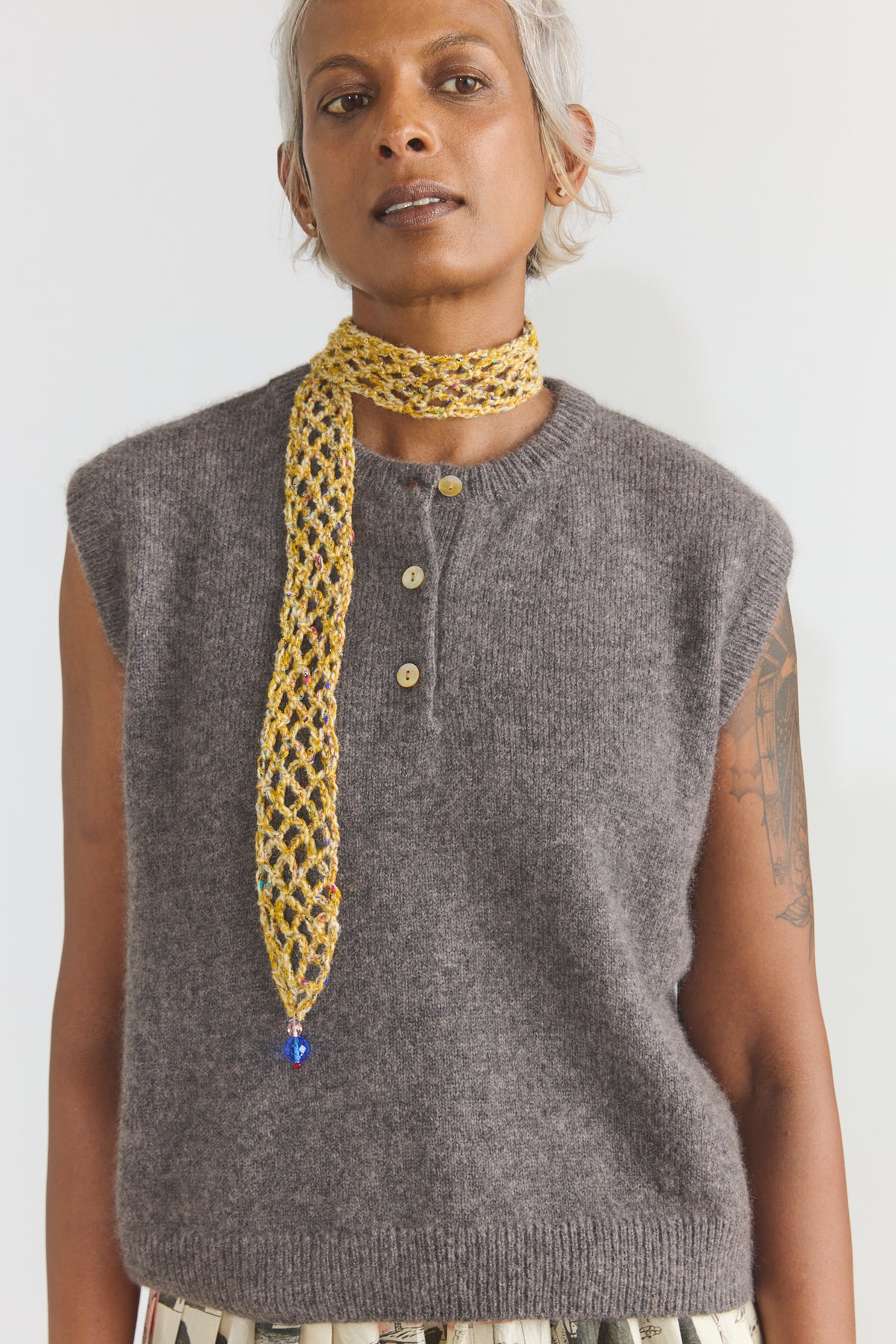 Hand Crochet Long Ties with Glass Beads - Yellow