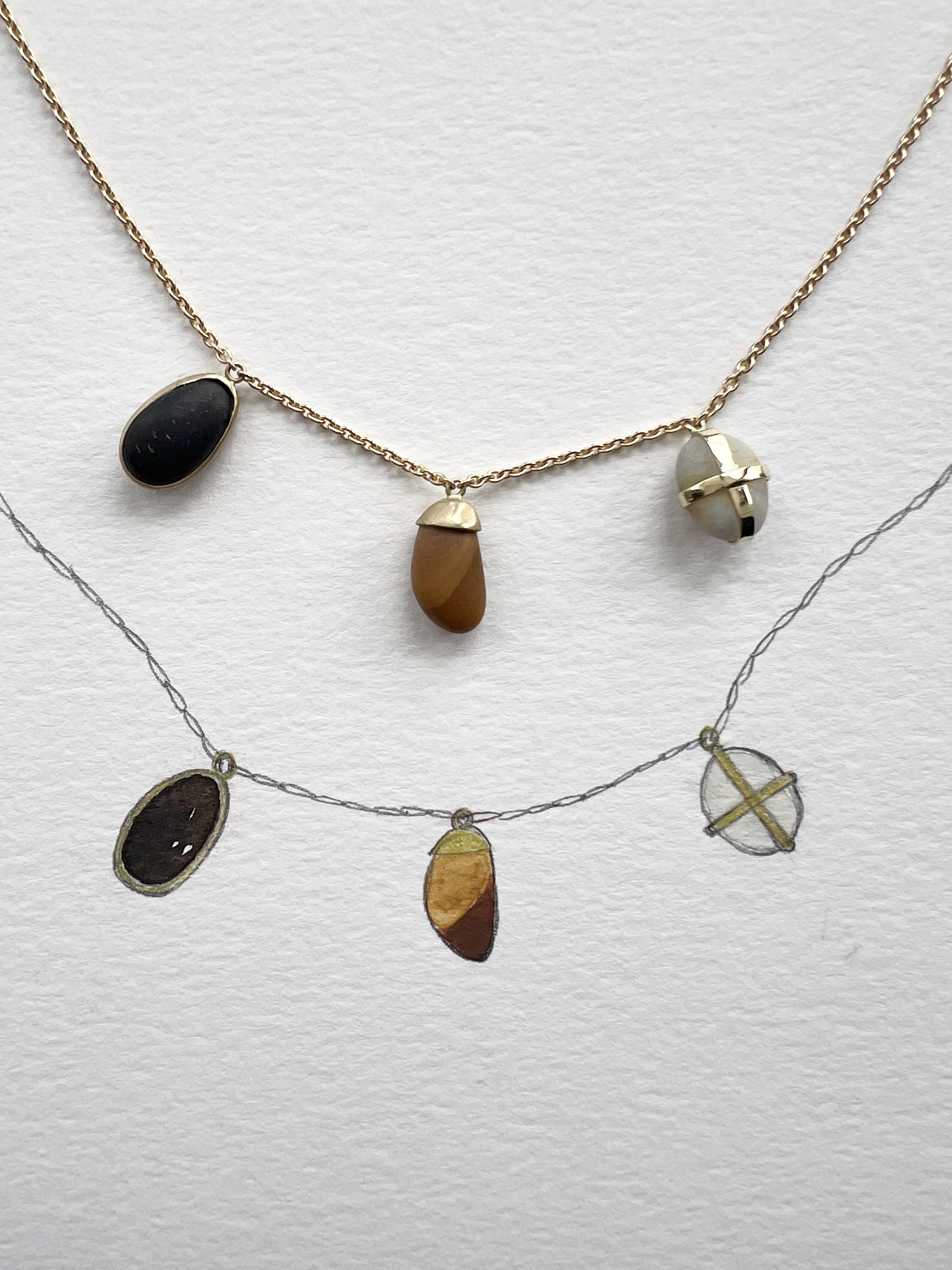 Mini Stone Necklace on 18k Gold Chain - Three Stones