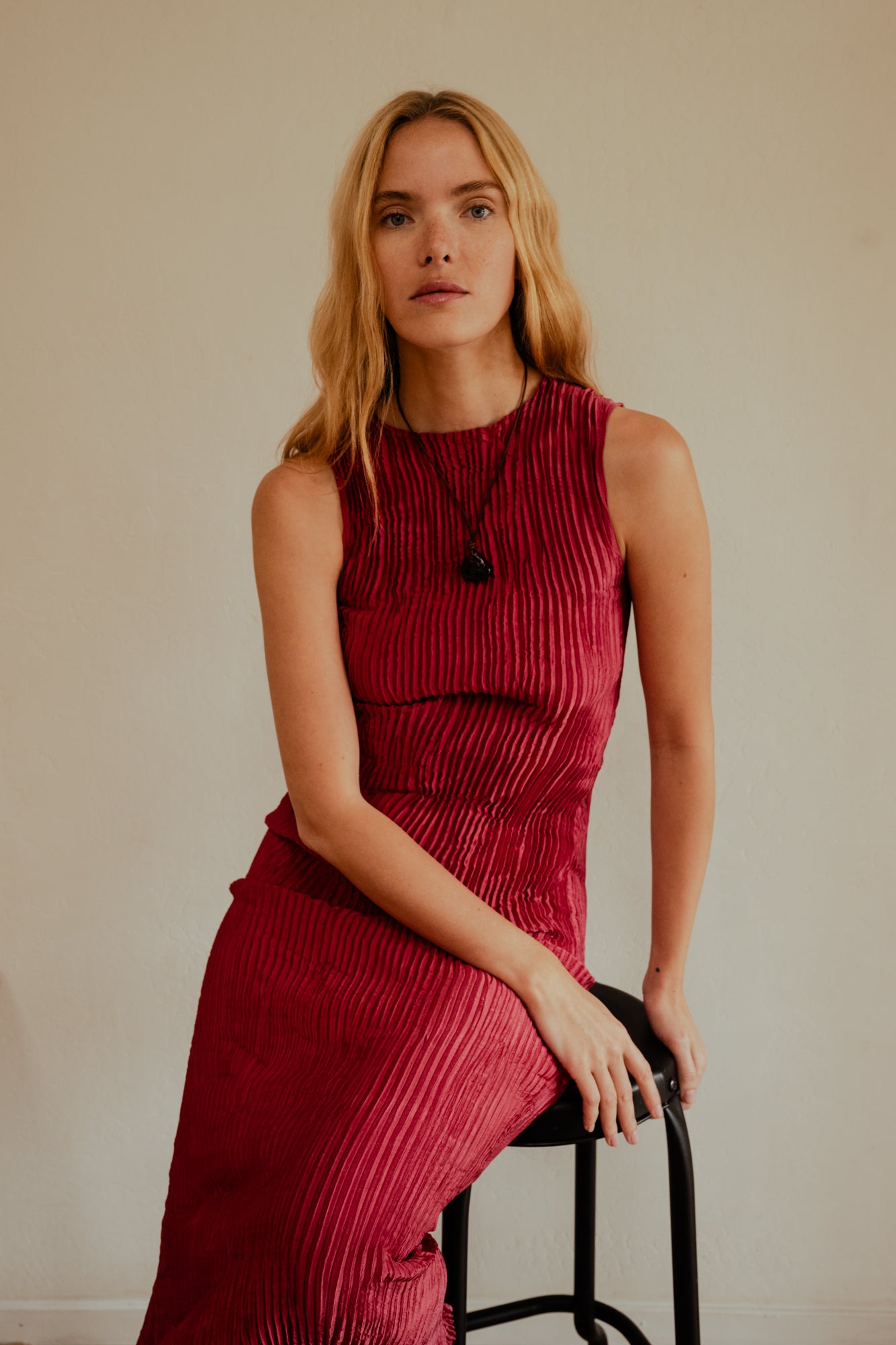 Plissé Satin Silk Tank Long Dress - Fuchsia