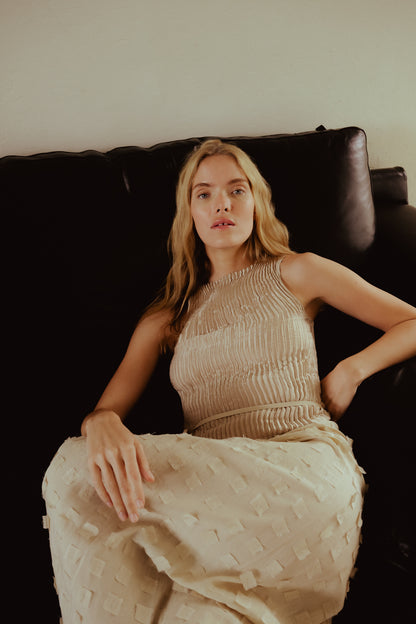 Plissé Satin Silk Tank Top - Stone