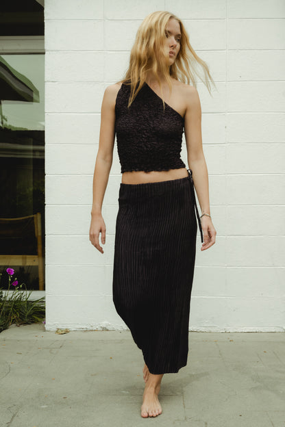 Crumpled Satin Silk One-shoulder Top - Charcoal