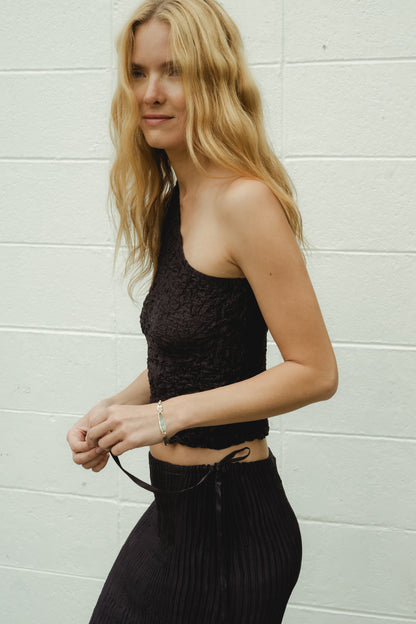Crumpled Satin Silk One-shoulder Top - Charcoal