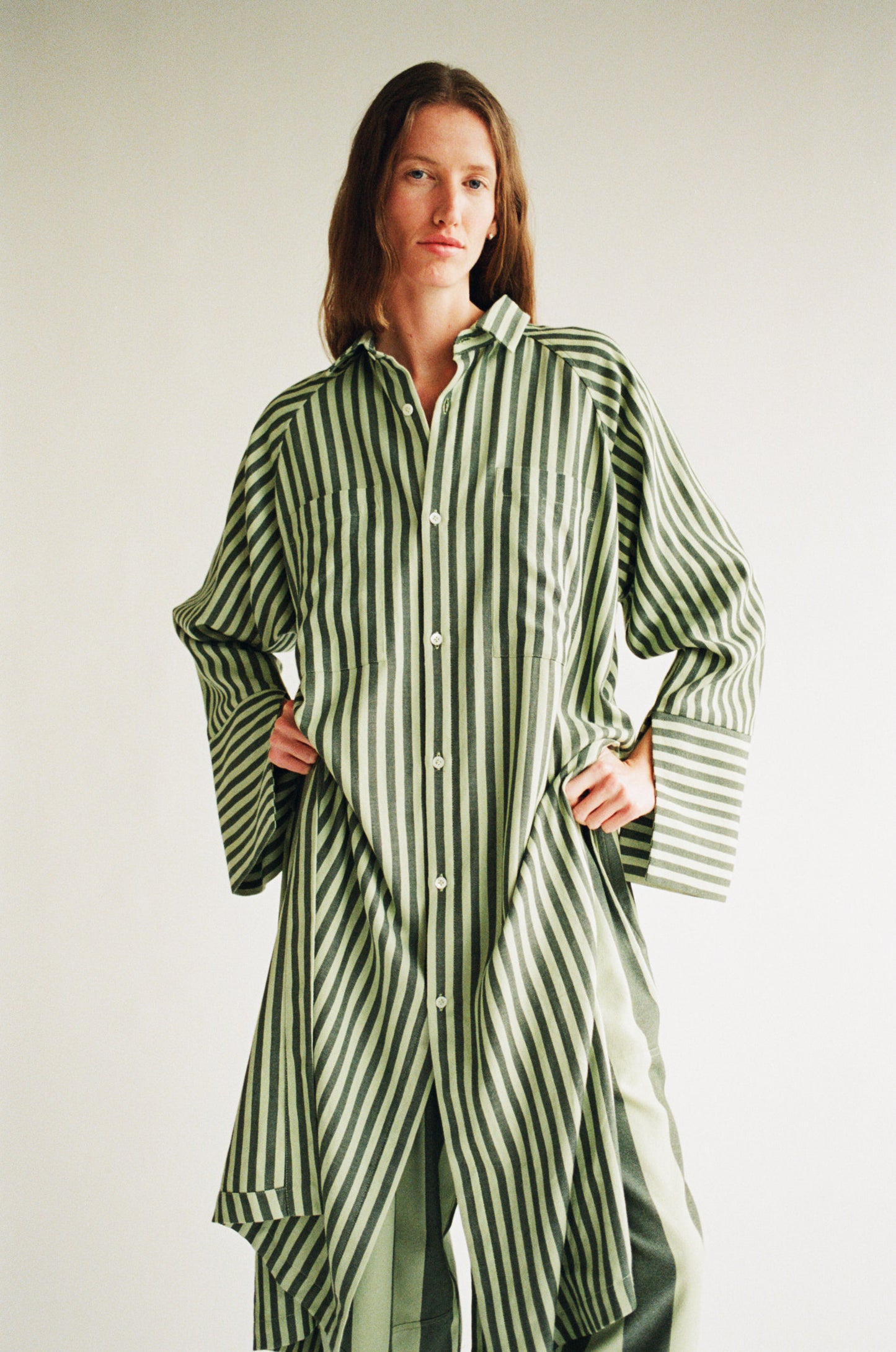 Long Sleeve Pocket Shirt in Green Stripe