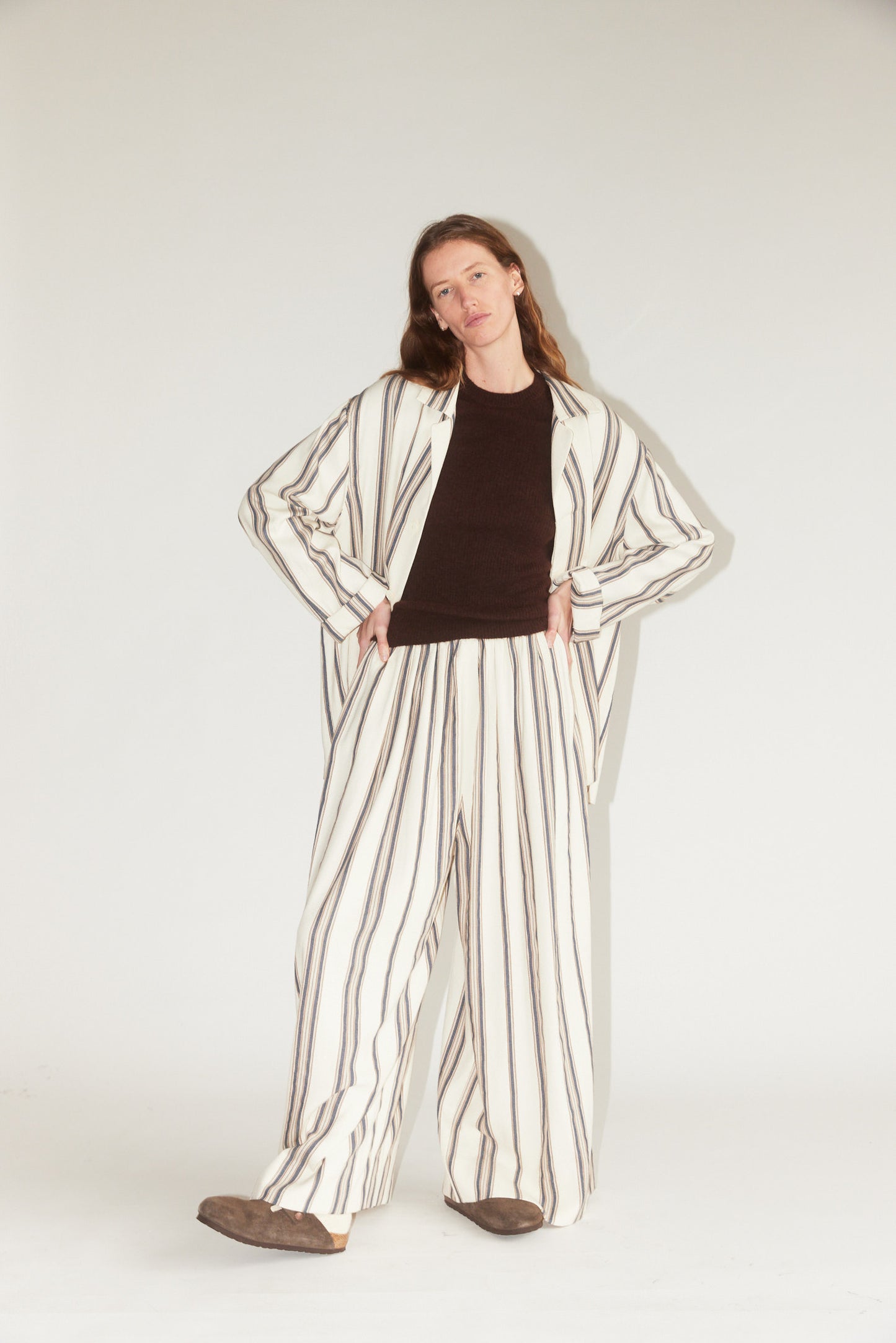 Drawstring Pleated Pants in Cream Stripe