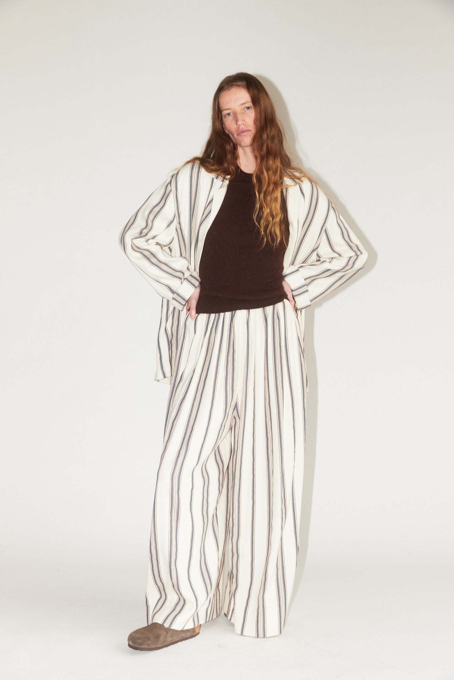 Drawstring Pleated Pants in Cream Stripe