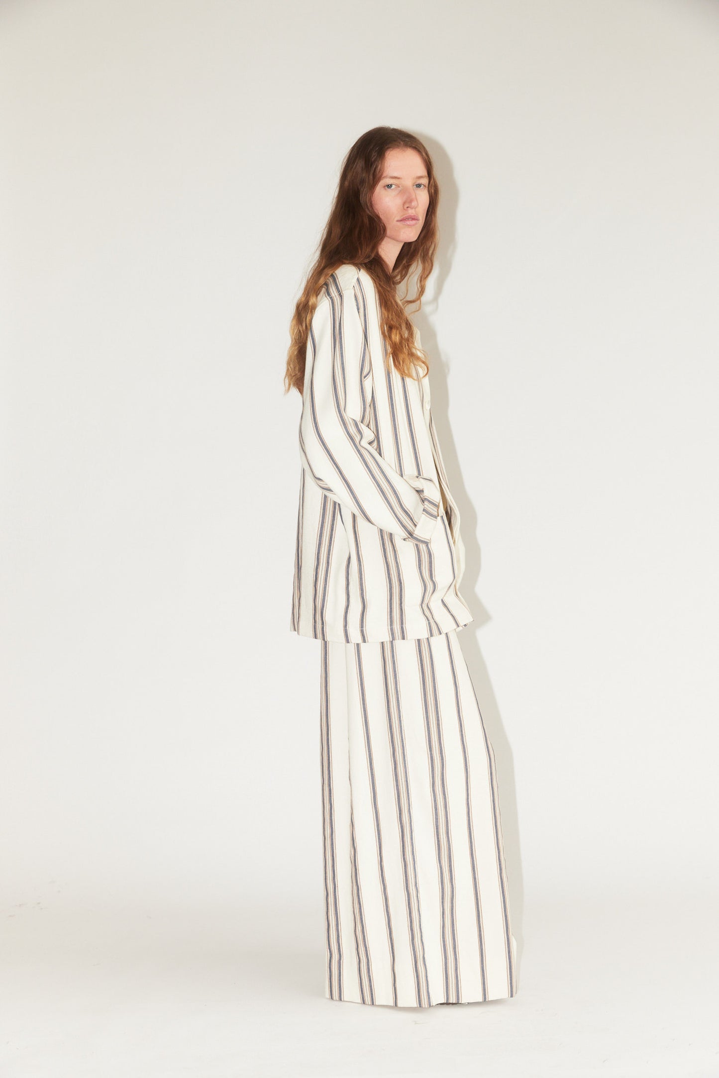 Drawstring Pleated Pants in Cream Stripe