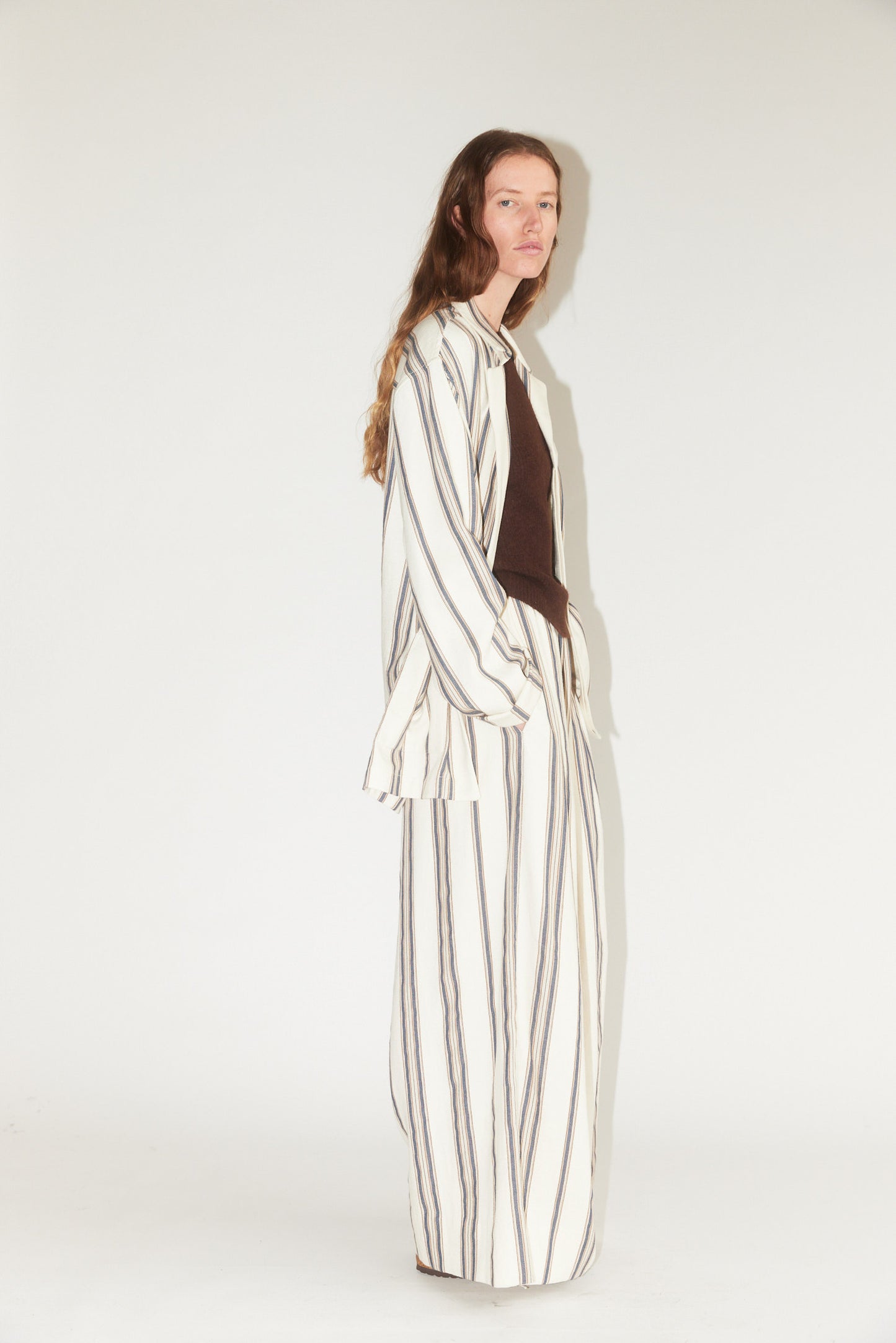 Drawstring Pleated Pants in Cream Stripe