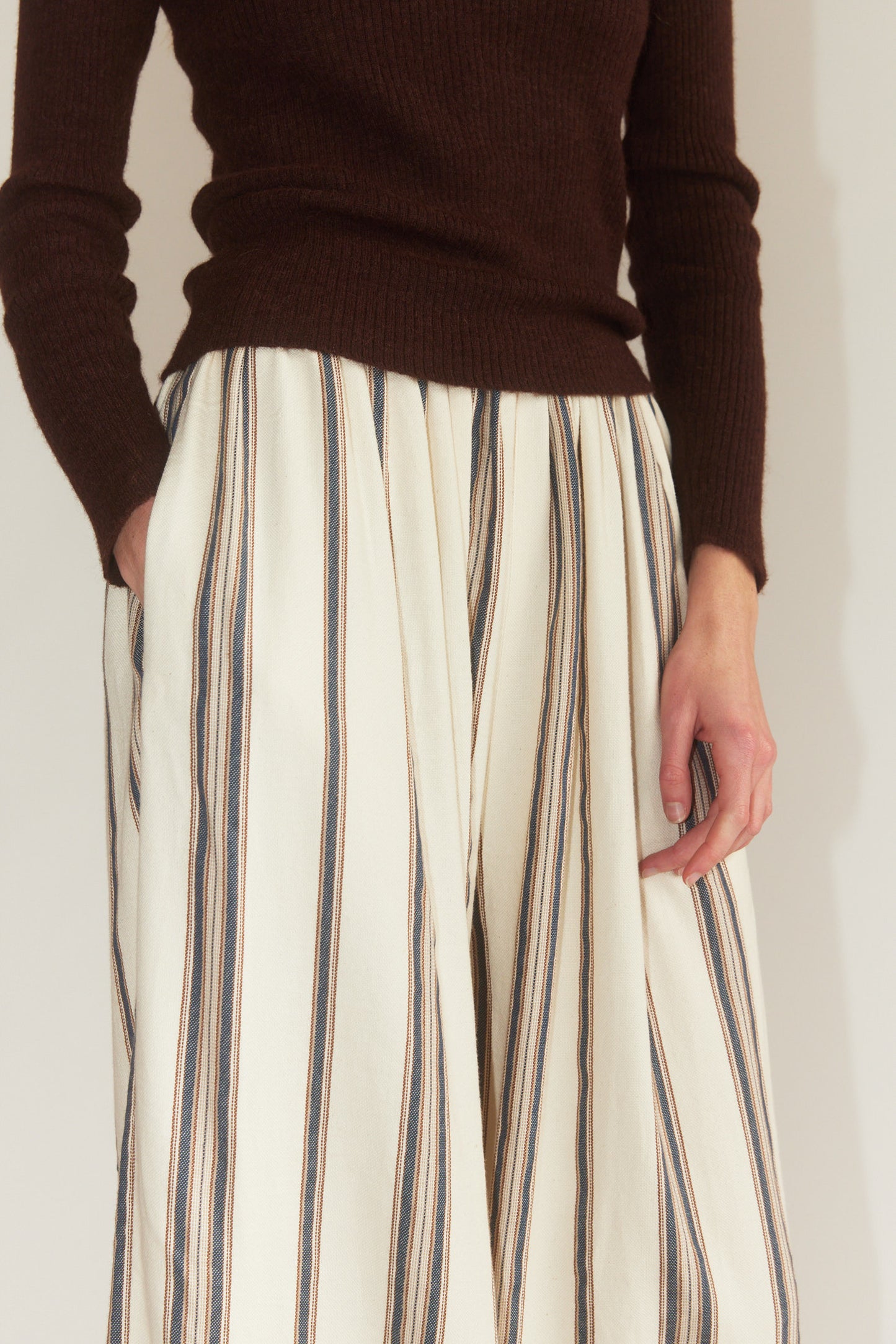 Drawstring Pleated Pants in Cream Stripe