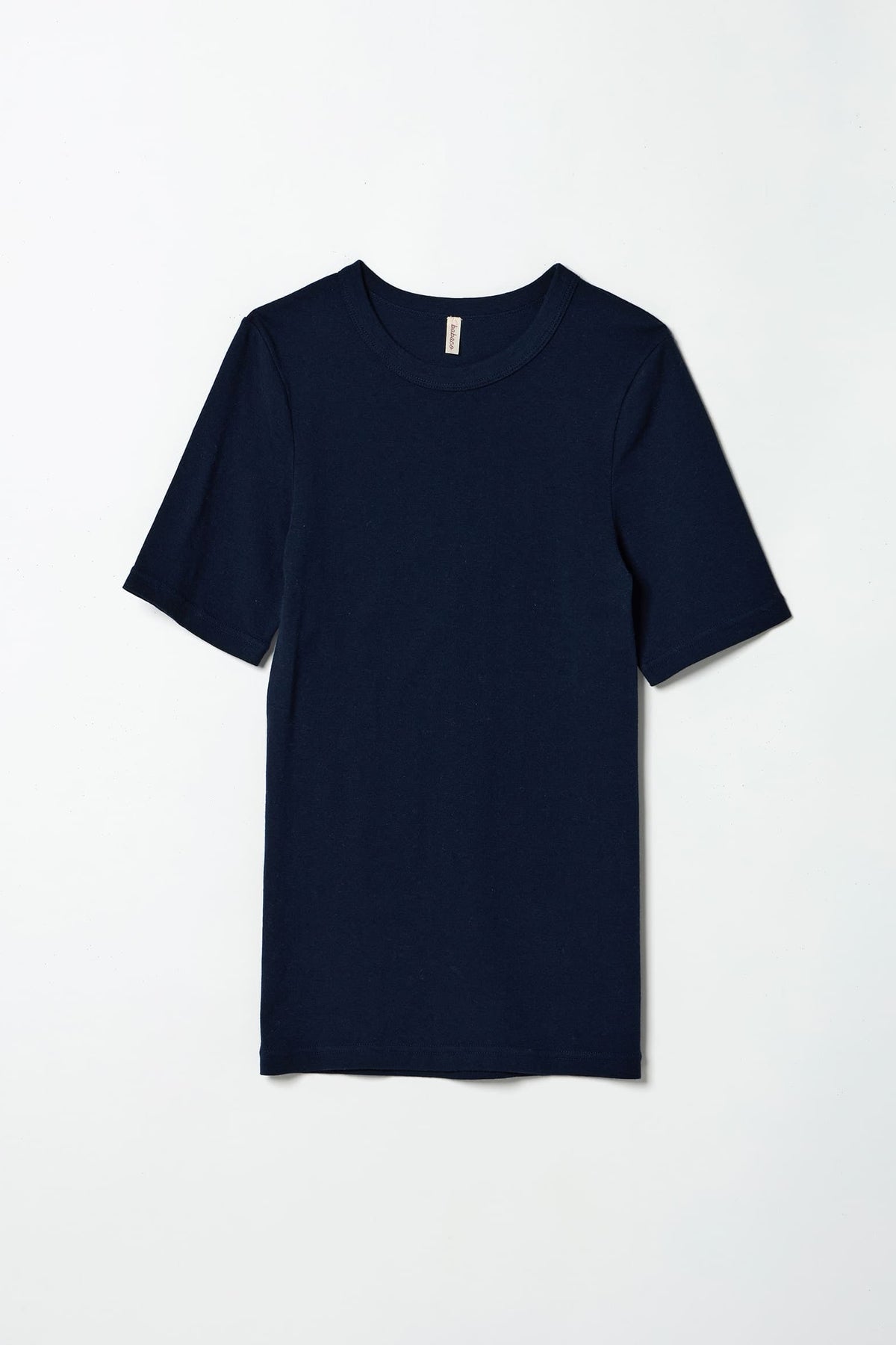 A plain navy blue short-sleeve crewneck t-shirt laid flat against a clean white background.