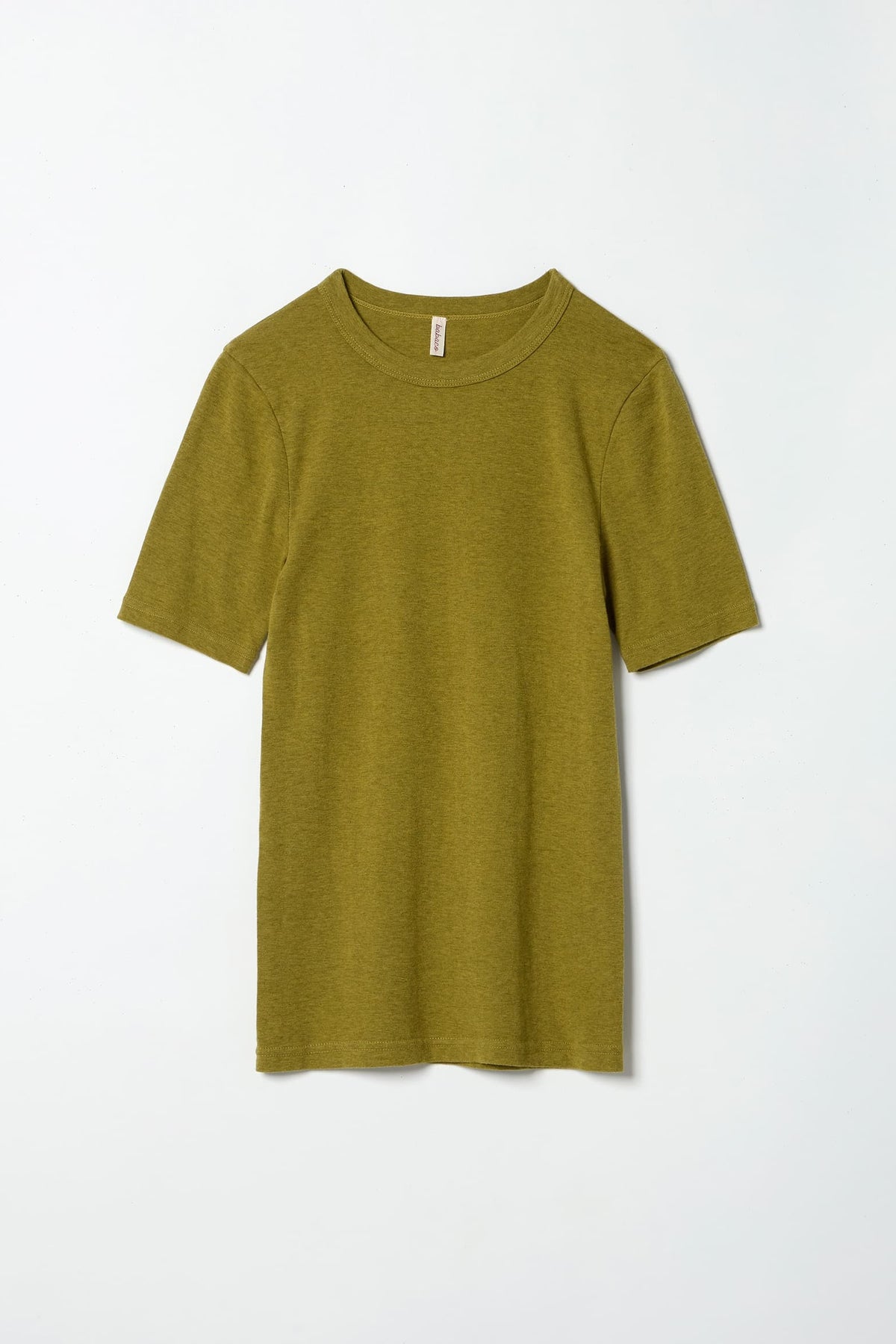 A short-sleeve crewneck t-shirt in a heathered olive green color, displayed flat against a clean white background.