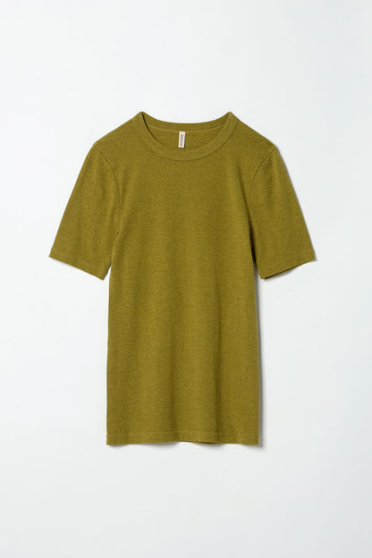 A short-sleeve crewneck t-shirt in a heathered olive green color, displayed flat against a clean white background.
