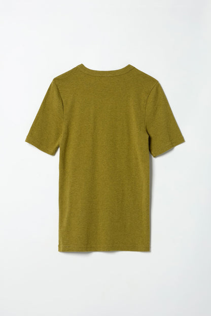 A short-sleeve crewneck t-shirt in a heathered olive green color, shown from the back against a plain white background.