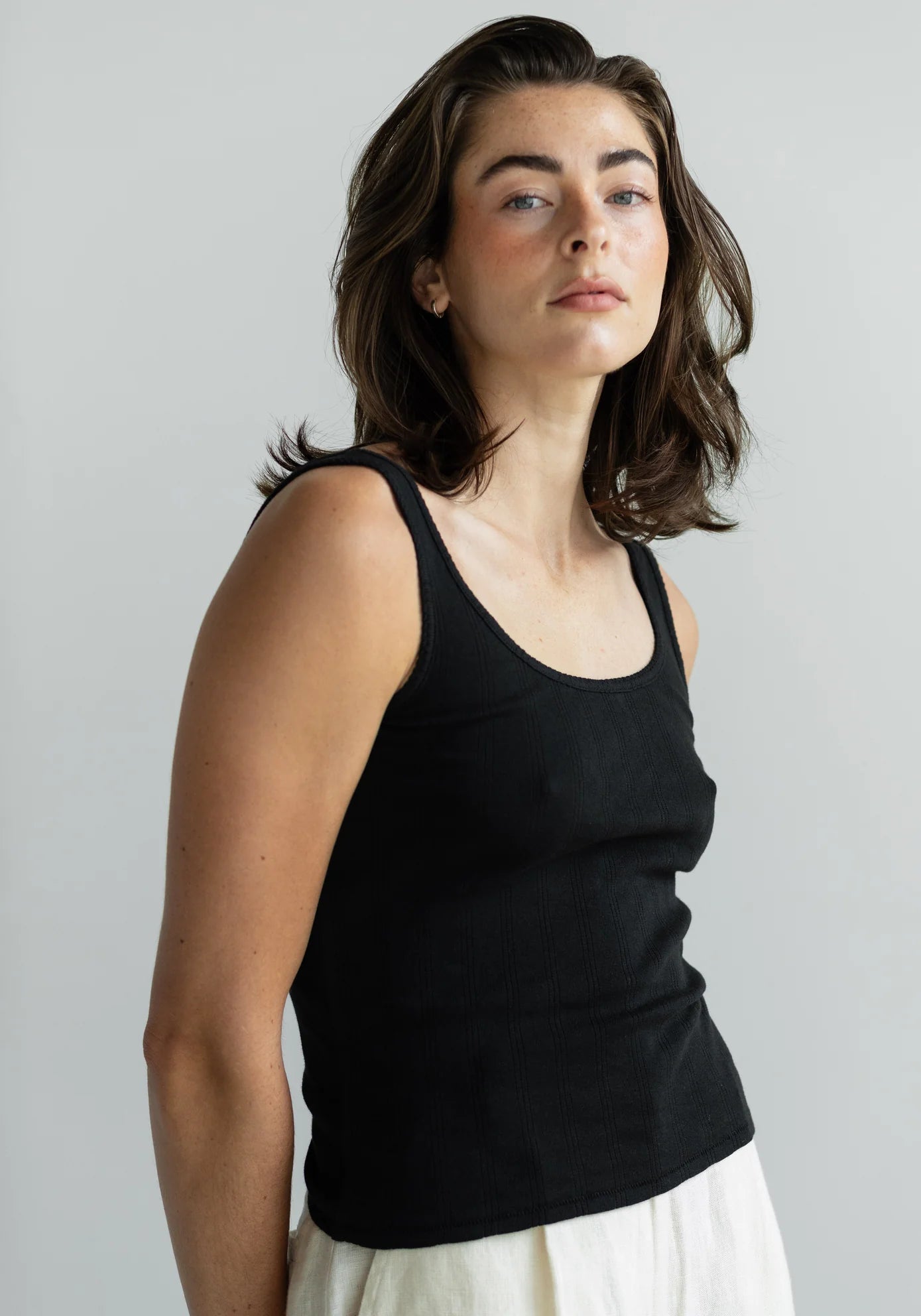 Pointelle Scoop Tank in Black