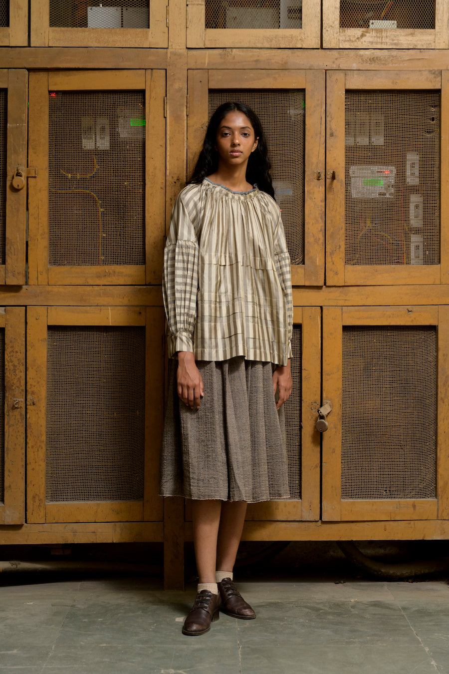 Ava Wool Pleated Skirt in Herringbone