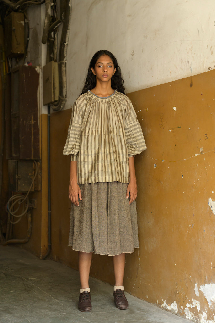 Ava Wool Pleated Skirt in Herringbone