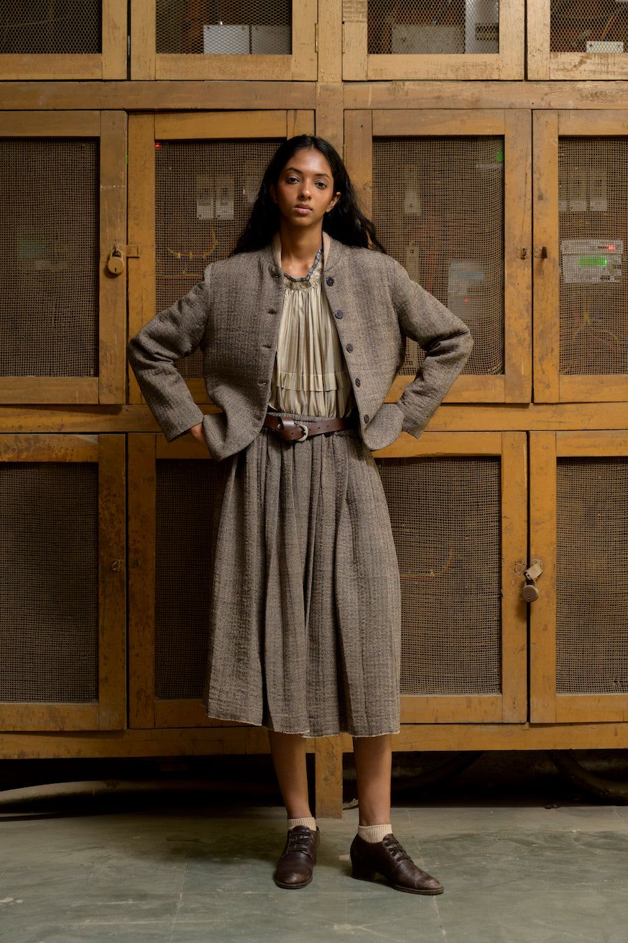 Ava Wool Pleated Skirt in Herringbone