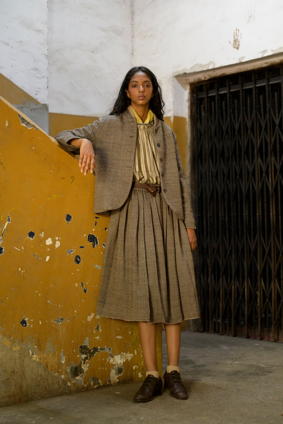 Ava Wool Pleated Skirt in Herringbone