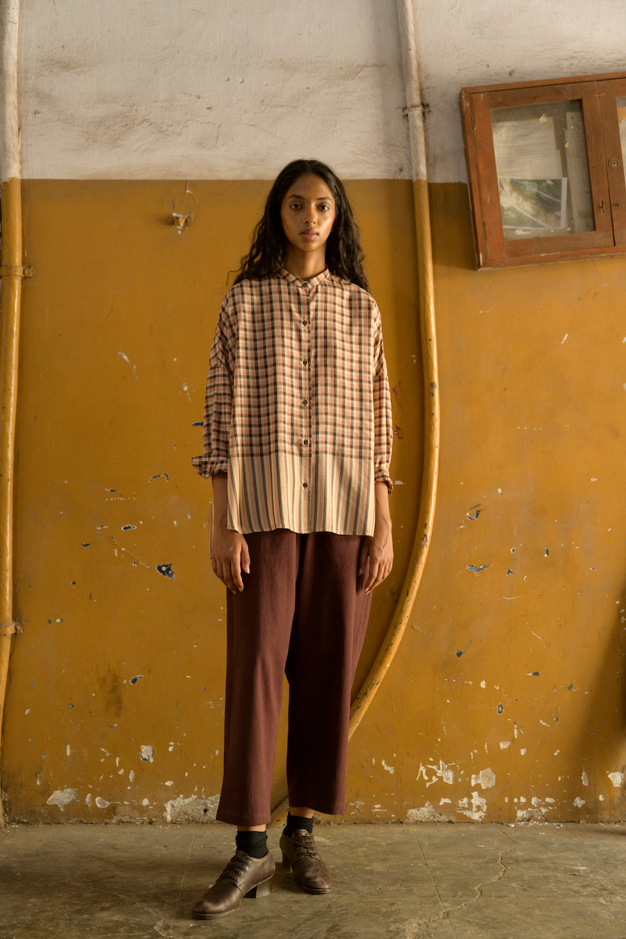 Drew Oversized Shirt in Red Charcoal Check