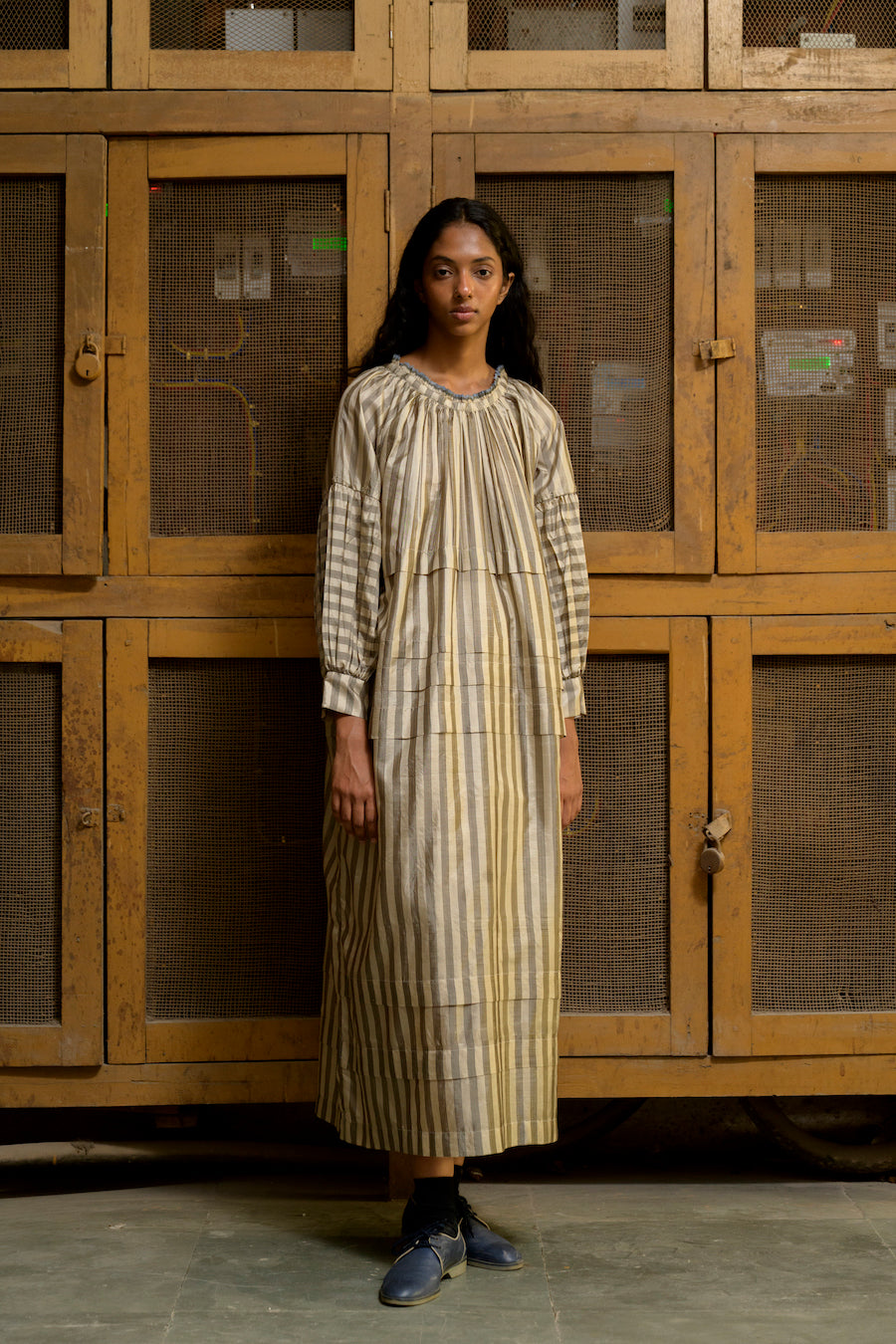Alva Pleated Dress in Beige Stripe
