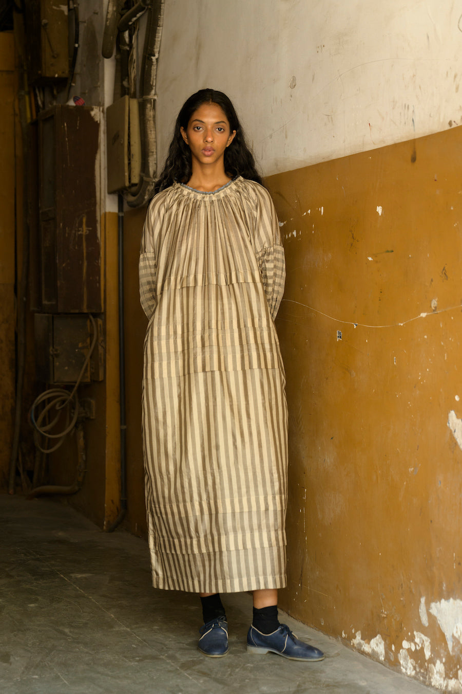 Alva Pleated Dress in Beige Stripe