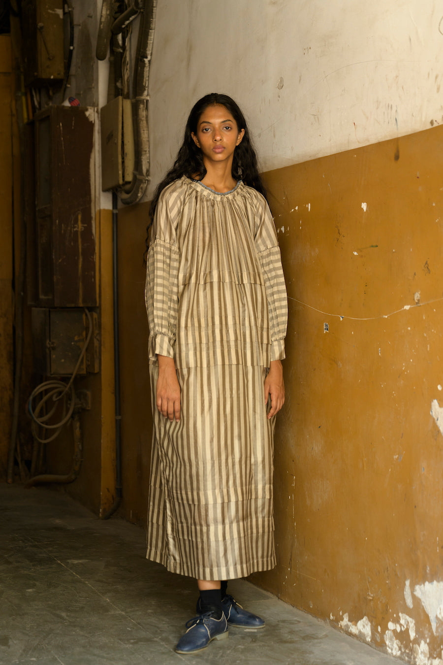 Alva Pleated Dress in Beige Stripe