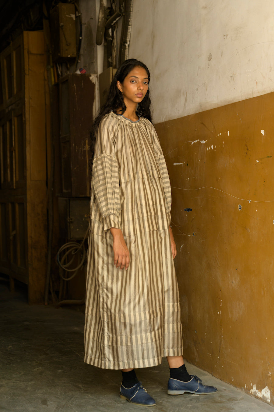 Alva Pleated Dress in Beige Stripe