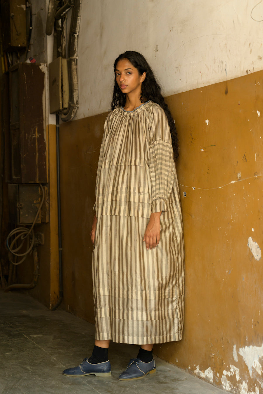 Alva Pleated Dress in Beige Stripe