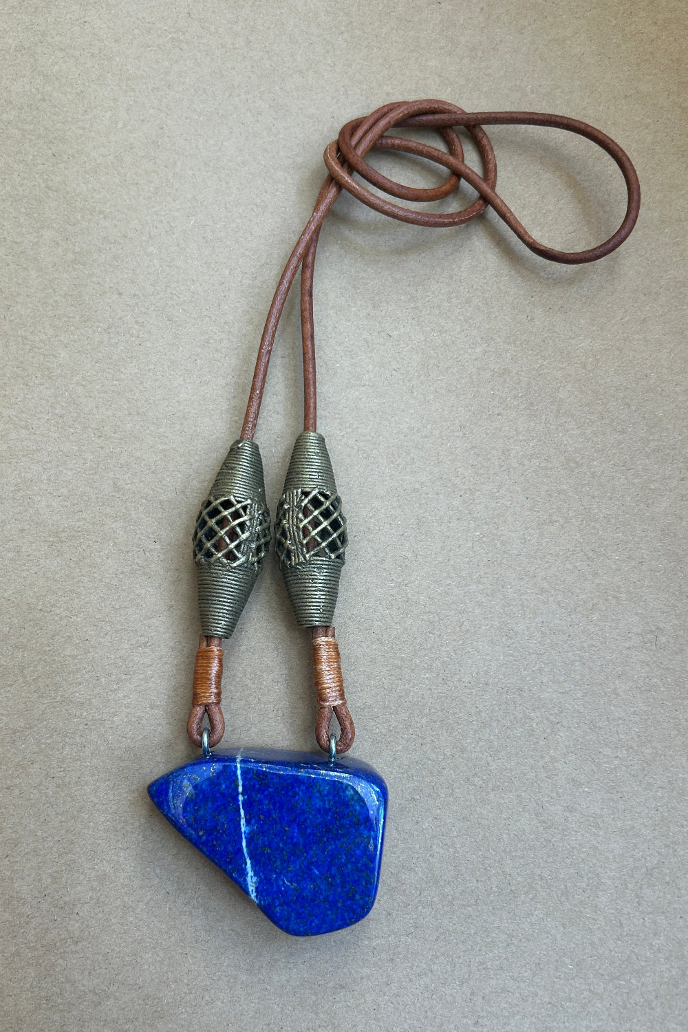 Lapis Pendant with Brass Beads