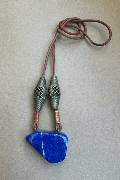 Lapis Pendant with Brass Beads