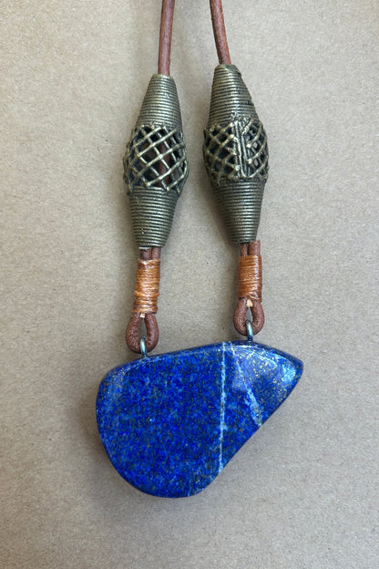 Lapis Pendant with Brass Beads
