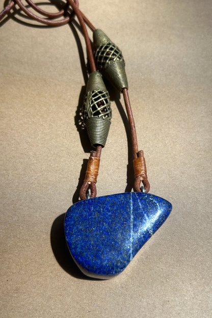 Lapis Pendant with Brass Beads